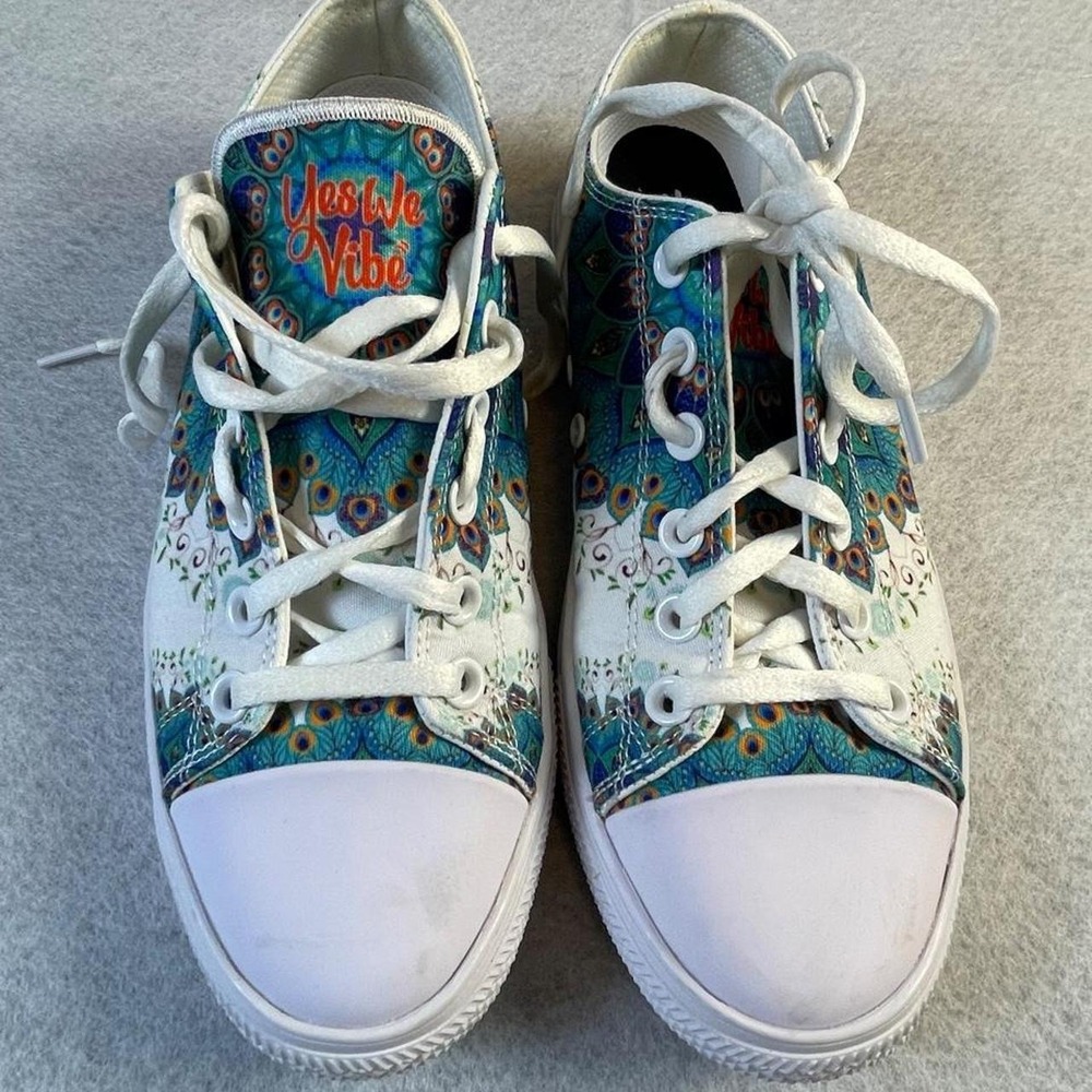Yes We Vibe white sneakers, blue and green peacock feather design, size US 7.5M